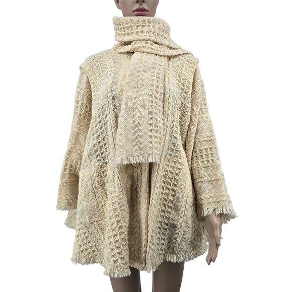 Weave O The Irish Handcrafted Wool Poncho With Scarf Beige Textured Knit, OS - Picture 1 of 6